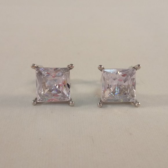Mens 925 Silver Square Princess Cut White Diamond Zircon Stud Earrings Gift